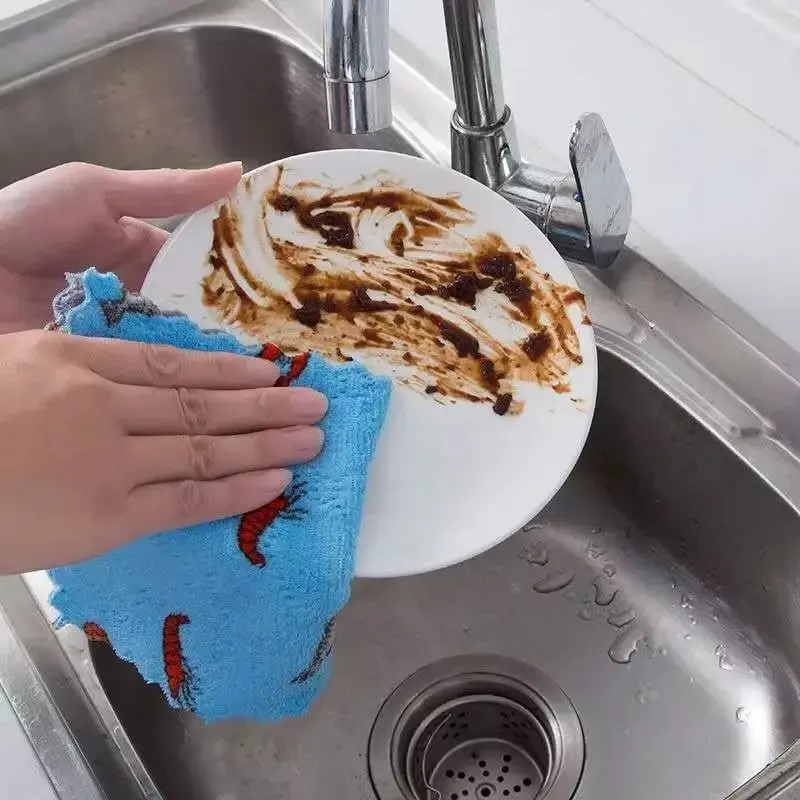 Thickened Cartoon Printing Brush Dishcloth Coral Fleece Double-Sided Scrubbing Cloth Oil-Free Multifunctional Cleaning Cloth