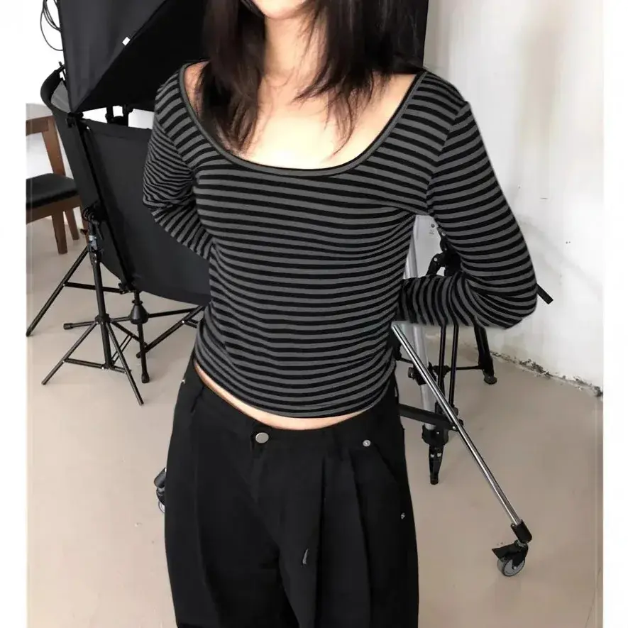 Cross-Border New Knitted Top Striped T-Shirt Versatile Long Sleeve Design Sensibility Autumn Slimming U-Shaped Neck Long Sleeve