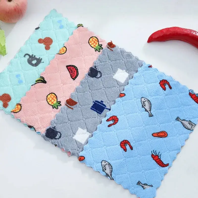 Thickened Cartoon Printing Brush Dishcloth Coral Fleece Double-Sided Scrubbing Cloth Oil-Free Multifunctional Cleaning Cloth