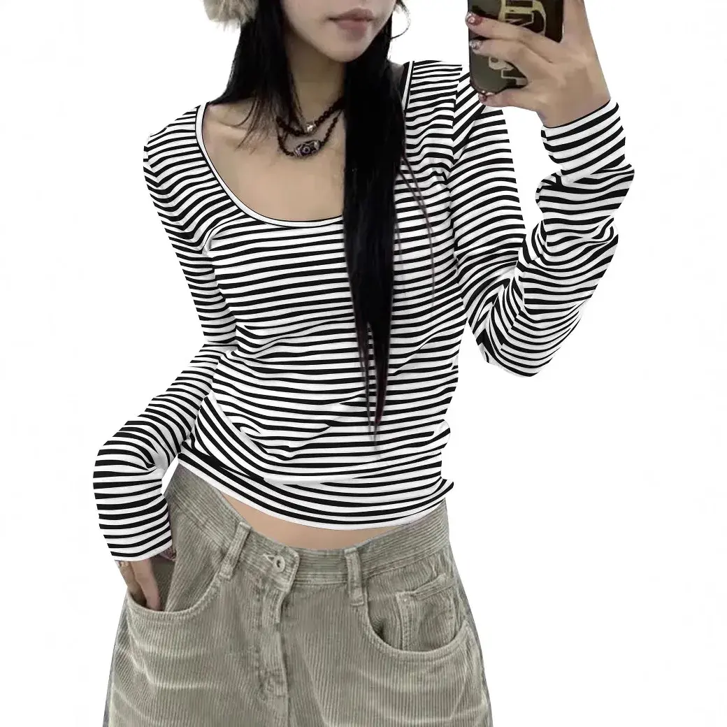 Cross-Border New Knitted Top Striped T-Shirt Versatile Long Sleeve Design Sensibility Autumn Slimming U-Shaped Neck Long Sleeve