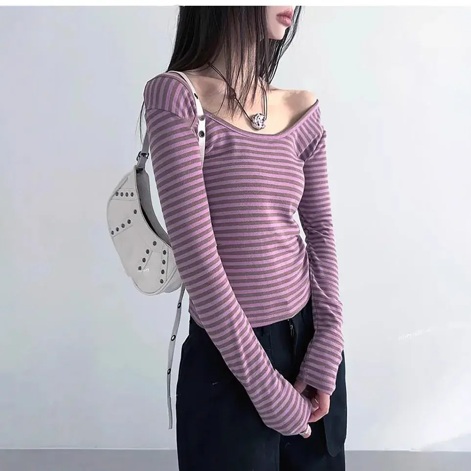 Cross-Border New Knitted Top Striped T-Shirt Versatile Long Sleeve Design Sensibility Autumn Slimming U-Shaped Neck Long Sleeve