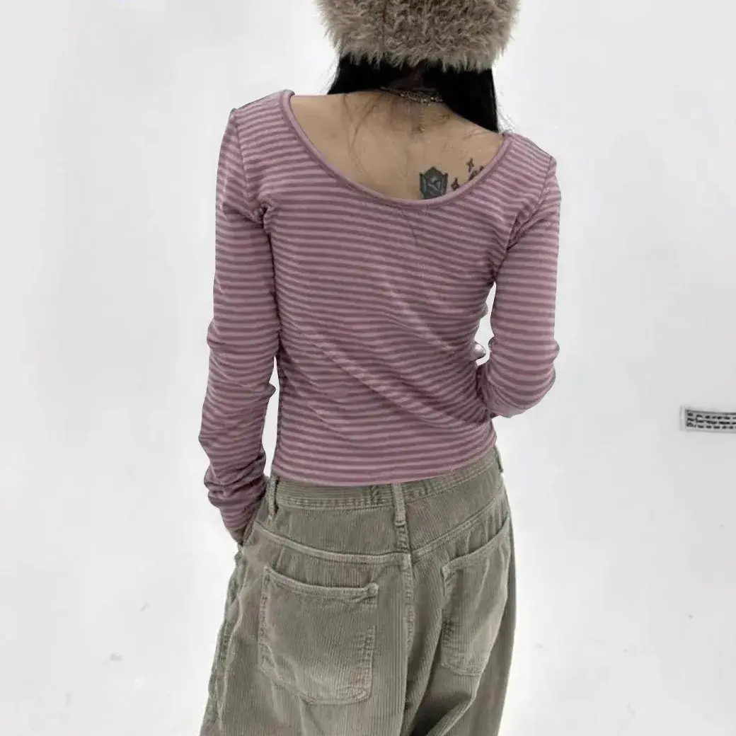 Cross-Border New Knitted Top Striped T-Shirt Versatile Long Sleeve Design Sensibility Autumn Slimming U-Shaped Neck Long Sleeve