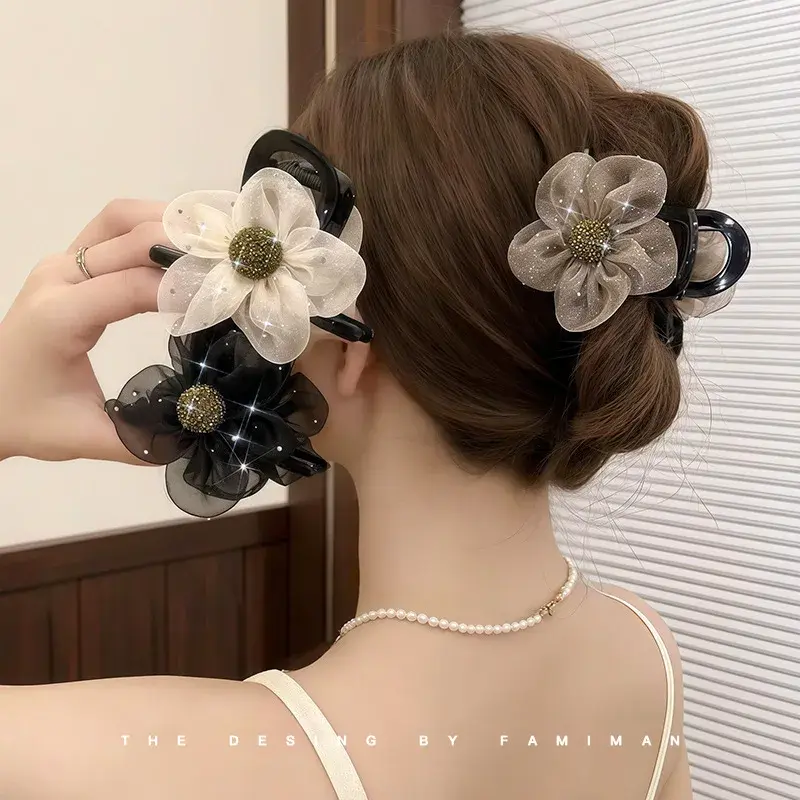 Elegant Net Diamond Flower Hair Clip for Women Half Updo Shark Clamp Hair Accessories Professional Salon Hair Division
