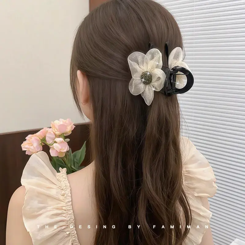 Elegant Net Diamond Flower Hair Clip for Women Half Updo Shark Clamp Hair Accessories Professional Salon Hair Division