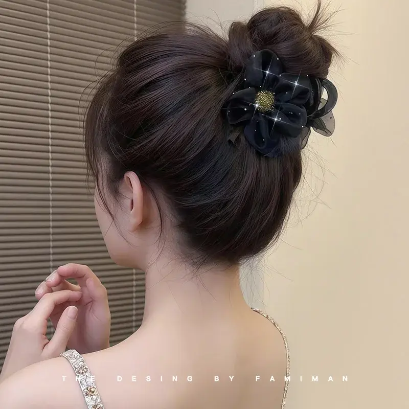 Elegant Net Diamond Flower Hair Clip for Women Half Updo Shark Clamp Hair Accessories Professional Salon Hair Division