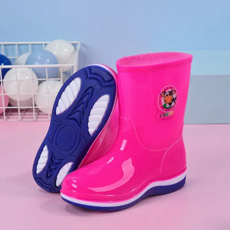 Children's Rain Boots Low Cut Anti-Slip Fleece Lined Warm Cartoon Water Shoes Boys Girls Baby Toddler Student Booties Rubber