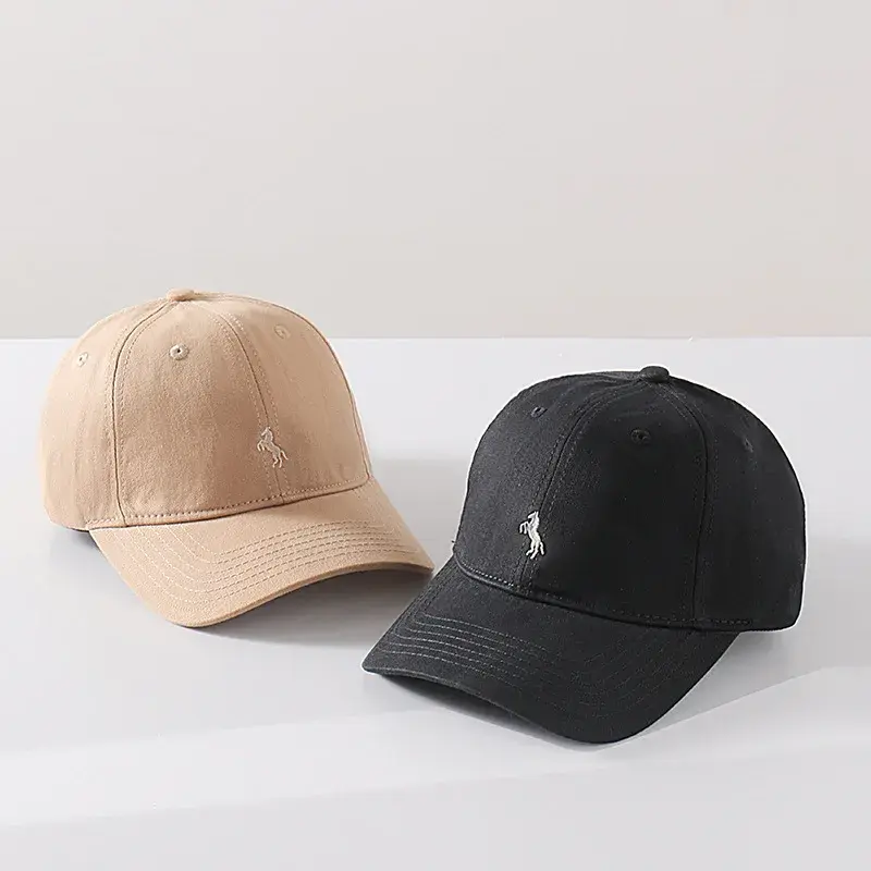 High Quality Embroidered Horse Baseball Cap Pure Cotton Wide Brim Retro Soft Top Men's Casual Hat Face Slimming Duckbill Cap
