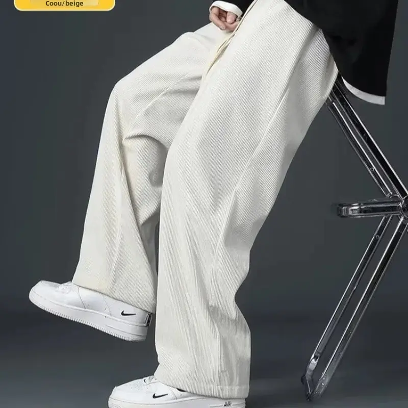 Men's Corduroy Fleece-Lined Casual Pants Loose Straight Leg Sports Trousers Autumn Winter Season High Comfort Level