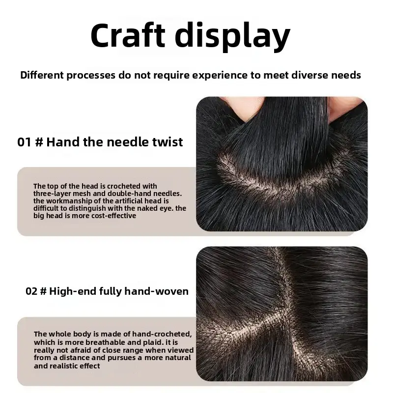 Handmade Short Hair Men's Wig Full Real Hair Stylish Shaved Head Look Fake Hair Piece Block Asian Fiber Clip Hair Extensions