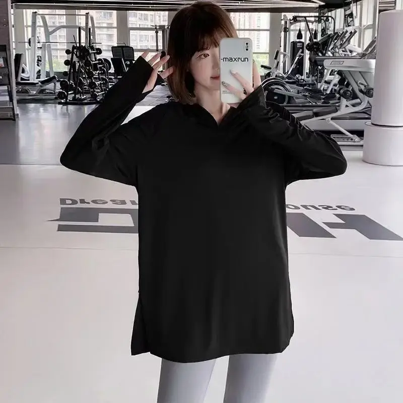 Spring Autumn Women's Sports Quick Dry T-shirt Yoga Top Loose Fit Long Sleeve Hooded Cover Up Running Training Fitness Wear