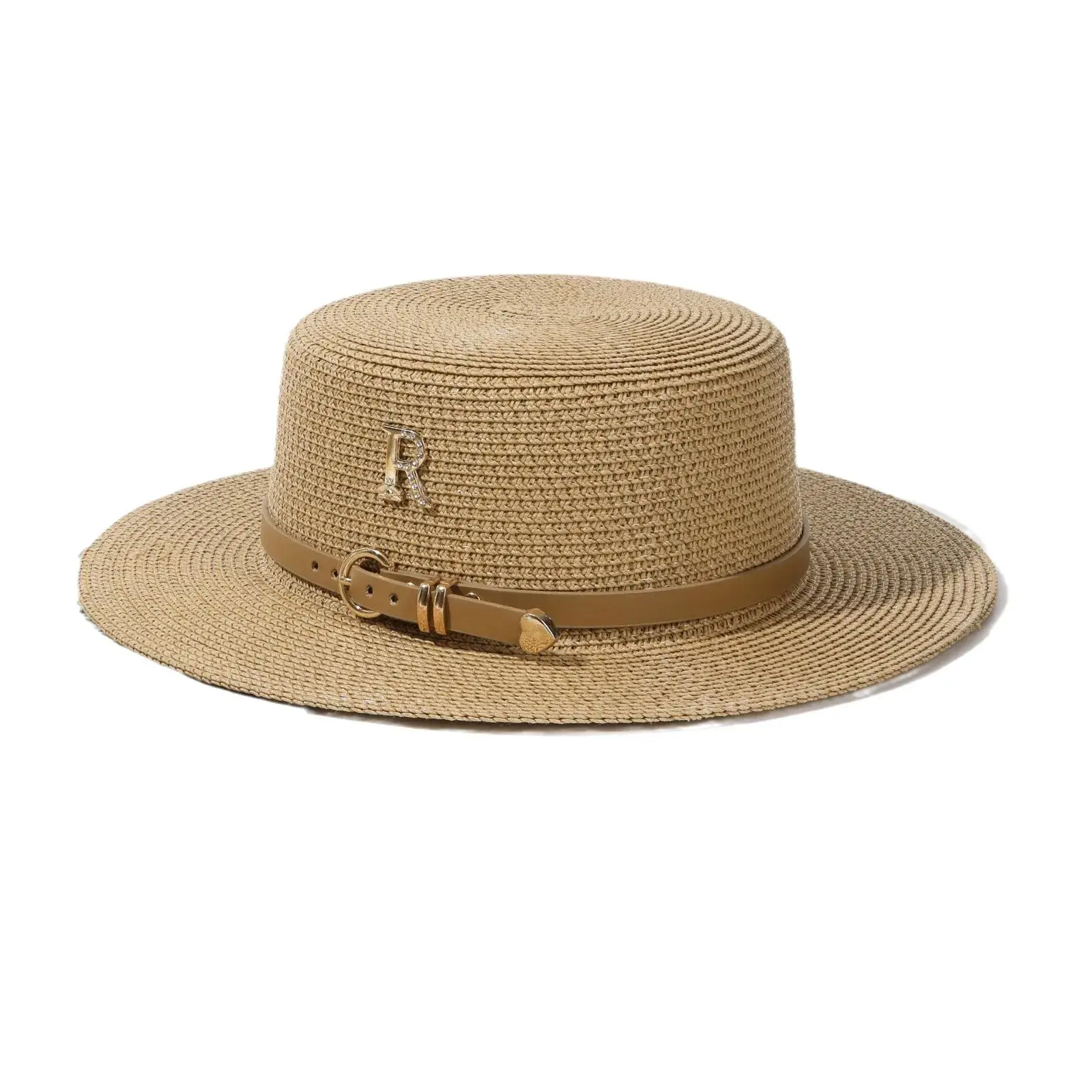Women's Summer Straw Hat Beach Vacation Holiday Flat Top Sunshade Cool Cap Diamond Letter R Belt Personalized British Retro