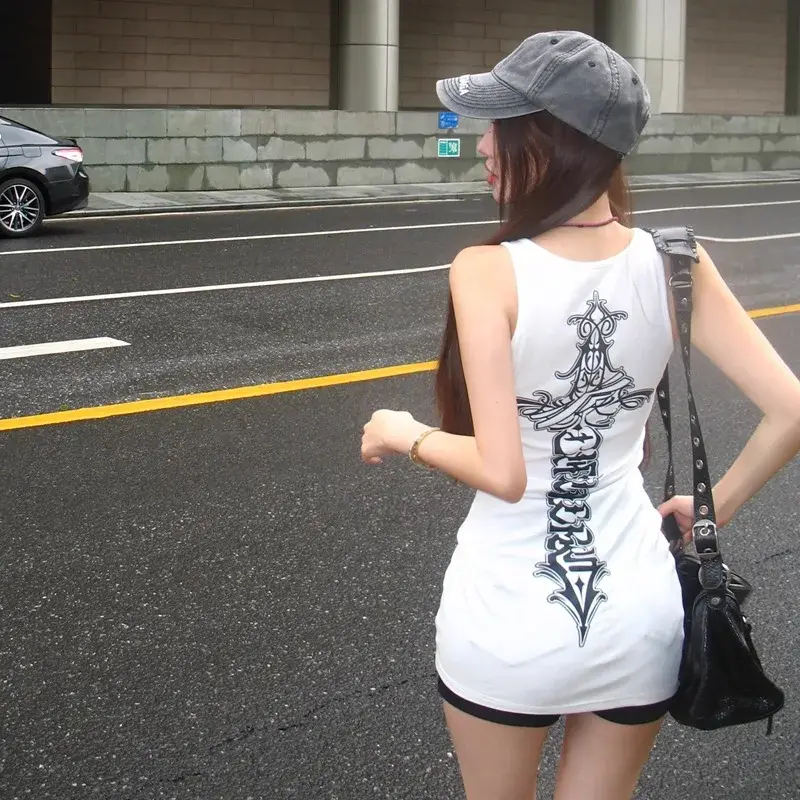 Summer Printed Slim Fit Sleeveless Tank Top Women's Color Cotton Ribbed Vest Fashionable Trendy Mid-Length No Strap Vest