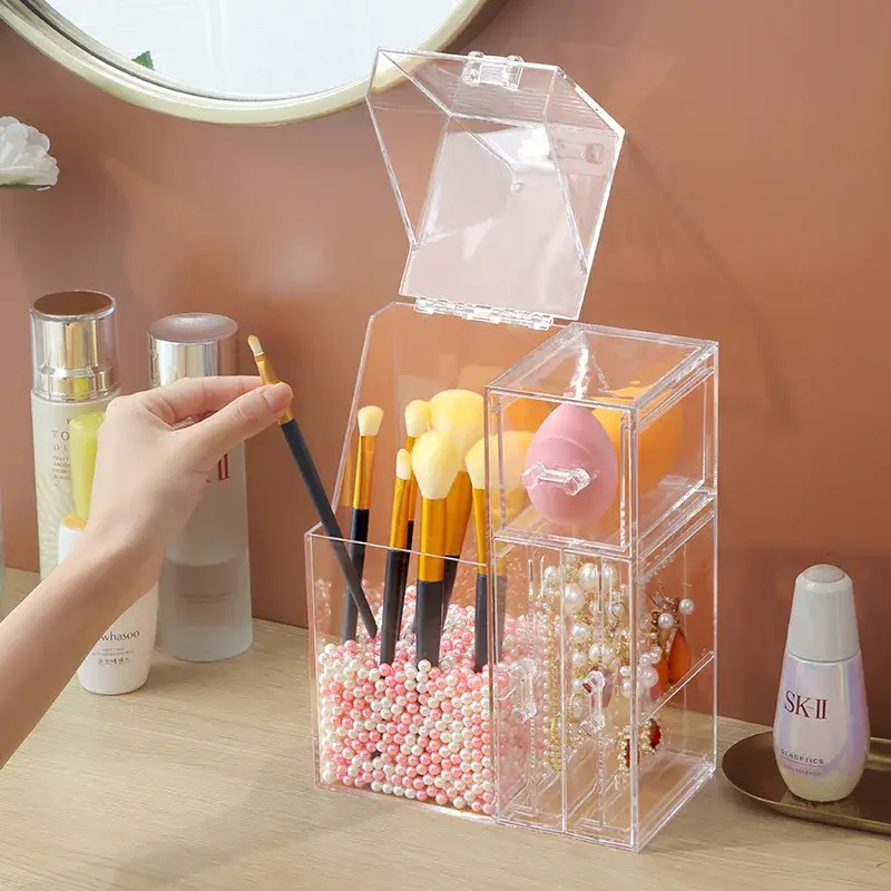 Multi-Functional Makeup Brush Storage Box Desktop Cotton Swab Lipstick Storage Case Dustproof Jewelry Storage Rack