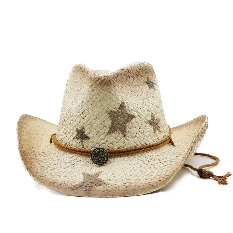 Simple Outdoor Beach Hat Sunshade New Style Women's Pink Spray Painted Five-pointed Star Cowboy Ethnic Style Straw Hat