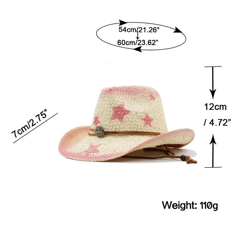Simple Outdoor Beach Hat Sunshade New Style Women's Pink Spray Painted Five-pointed Star Cowboy Ethnic Style Straw Hat