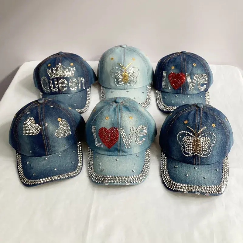 Handmade Women's Denim Baseball Cap Casual Outdoor Sun Hat Versatile Duckbill Cap Diamond Embellished Fashionable Accessory