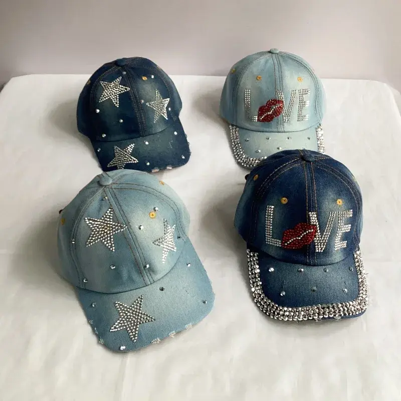 Handmade Women's Denim Baseball Cap Casual Outdoor Sun Hat Versatile Duckbill Cap Diamond Embellished Fashionable Accessory