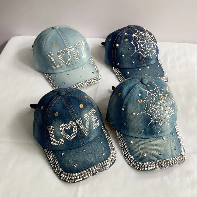 Handmade Women's Denim Baseball Cap Casual Outdoor Sun Hat Versatile Duckbill Cap Diamond Embellished Fashionable Accessory