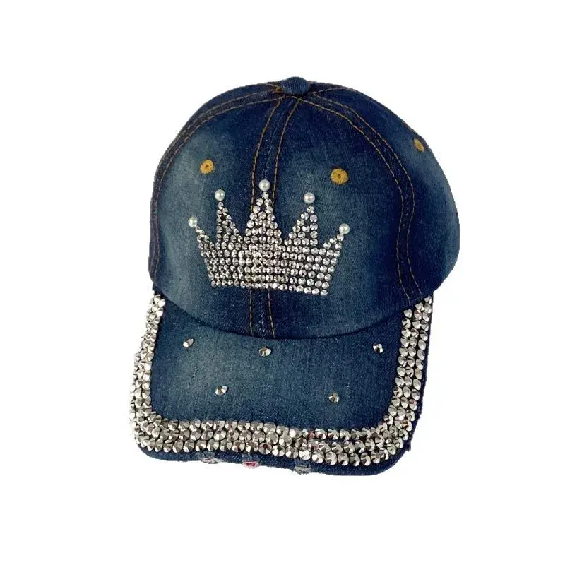 Handmade Women's Denim Baseball Cap Casual Outdoor Sun Hat Versatile Duckbill Cap Diamond Embellished Fashionable Accessory