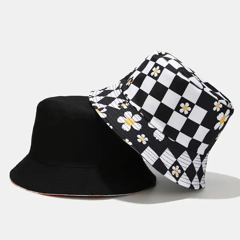 New Ins Plaid Small Flower Fisherman Hat Spring Summer Outdoor Travel Trendy Double-Sided Sunshade Women's Bowl Hat