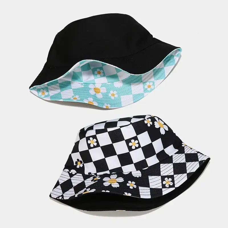 New Ins Plaid Small Flower Fisherman Hat Spring Summer Outdoor Travel Trendy Double-Sided Sunshade Women's Bowl Hat