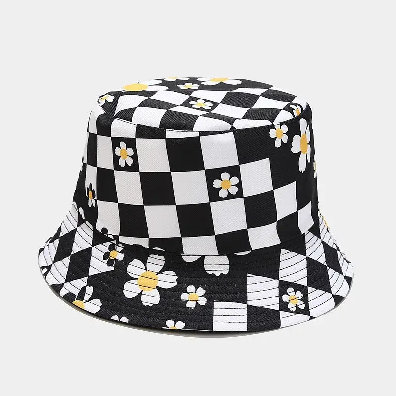 New Ins Plaid Small Flower Fisherman Hat Spring Summer Outdoor Travel Trendy Double-Sided Sunshade Women's Bowl Hat