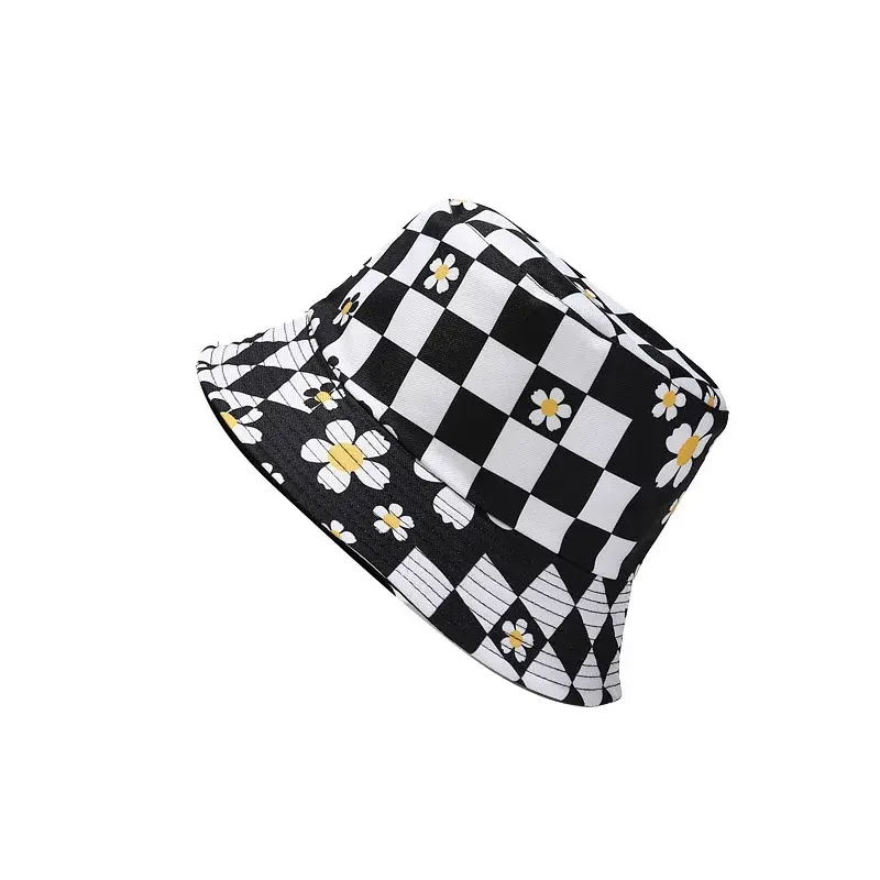 New Ins Plaid Small Flower Fisherman Hat Spring Summer Outdoor Travel Trendy Double-Sided Sunshade Women's Bowl Hat