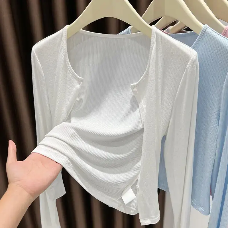 Gray Ribbed Cardigan Thin Outerwear Office Air Conditioning Shirt Summer Women's Outerwear New 2025 Fly Sleeve Solid Color