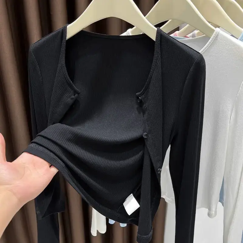 Gray Ribbed Cardigan Thin Outerwear Office Air Conditioning Shirt Summer Women's Outerwear New 2025 Fly Sleeve Solid Color
