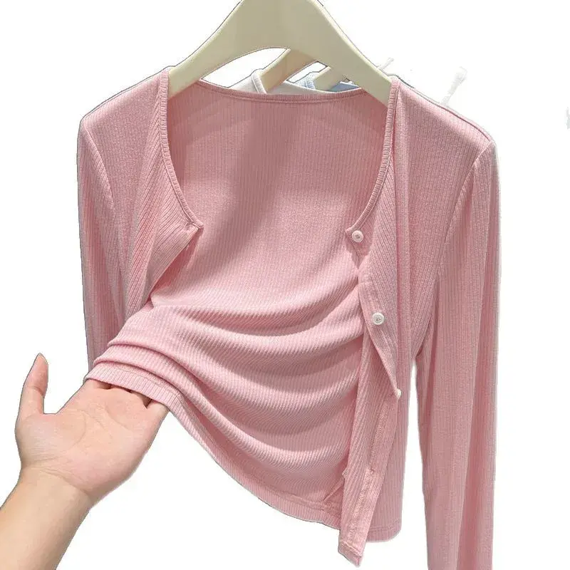 Gray Ribbed Cardigan Thin Outerwear Office Air Conditioning Shirt Summer Women's Outerwear New 2025 Fly Sleeve Solid Color