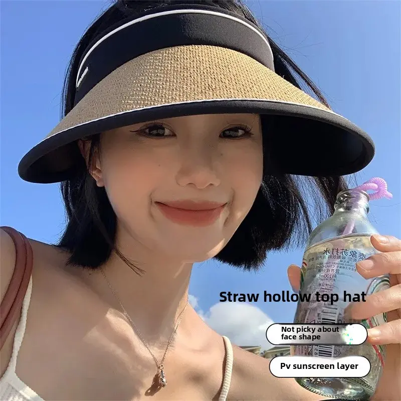 Foldable Black Glueless Straw Hat Women's Summer Beach Sunshade UV Protection Hat Large Brim Hat Empty Top Cap Beach Hat