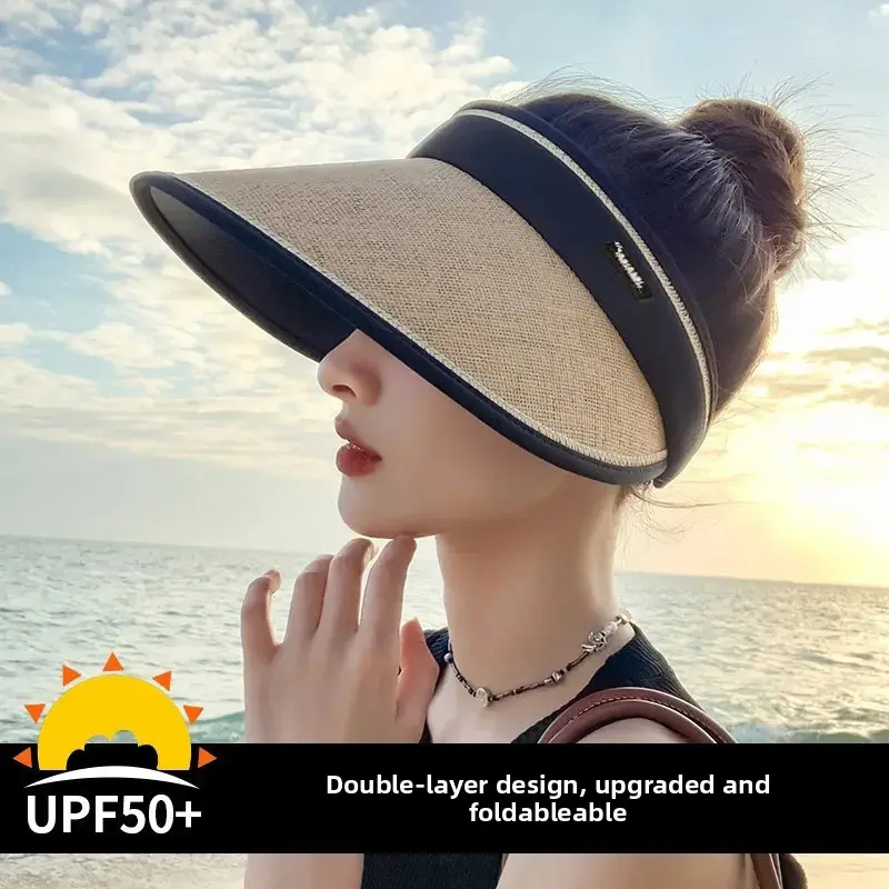 Foldable Black Glueless Straw Hat Women's Summer Beach Sunshade UV Protection Hat Large Brim Hat Empty Top Cap Beach Hat