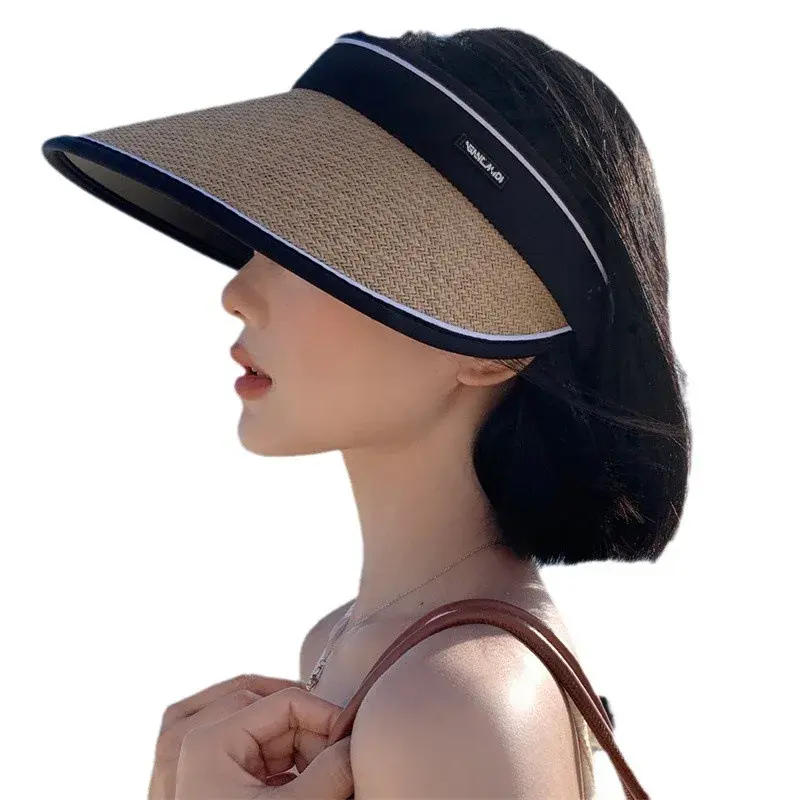 Foldable Black Glueless Straw Hat Women's Summer Beach Sunshade UV Protection Hat Large Brim Hat Empty Top Cap Beach Hat
