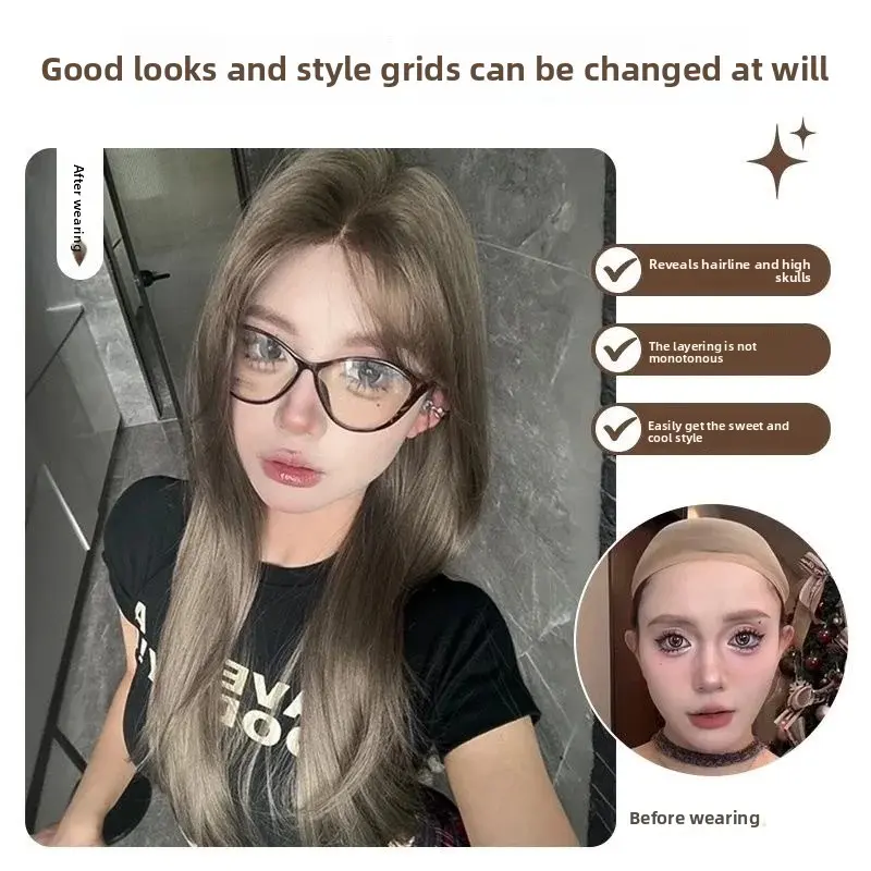Cony Long Straight Hair Wig Women Full Head Cover Milk Tea Grey Brown High Level Atmosphere Artificial Fibre Mechanism Wig