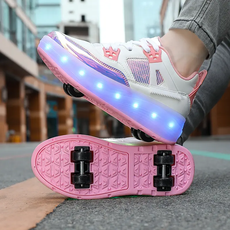 Roller Skate Shoes For Kids Charging Light Sports Casual Shoes Autumn Winter Four Wheel Rounds Running For Boys Girls