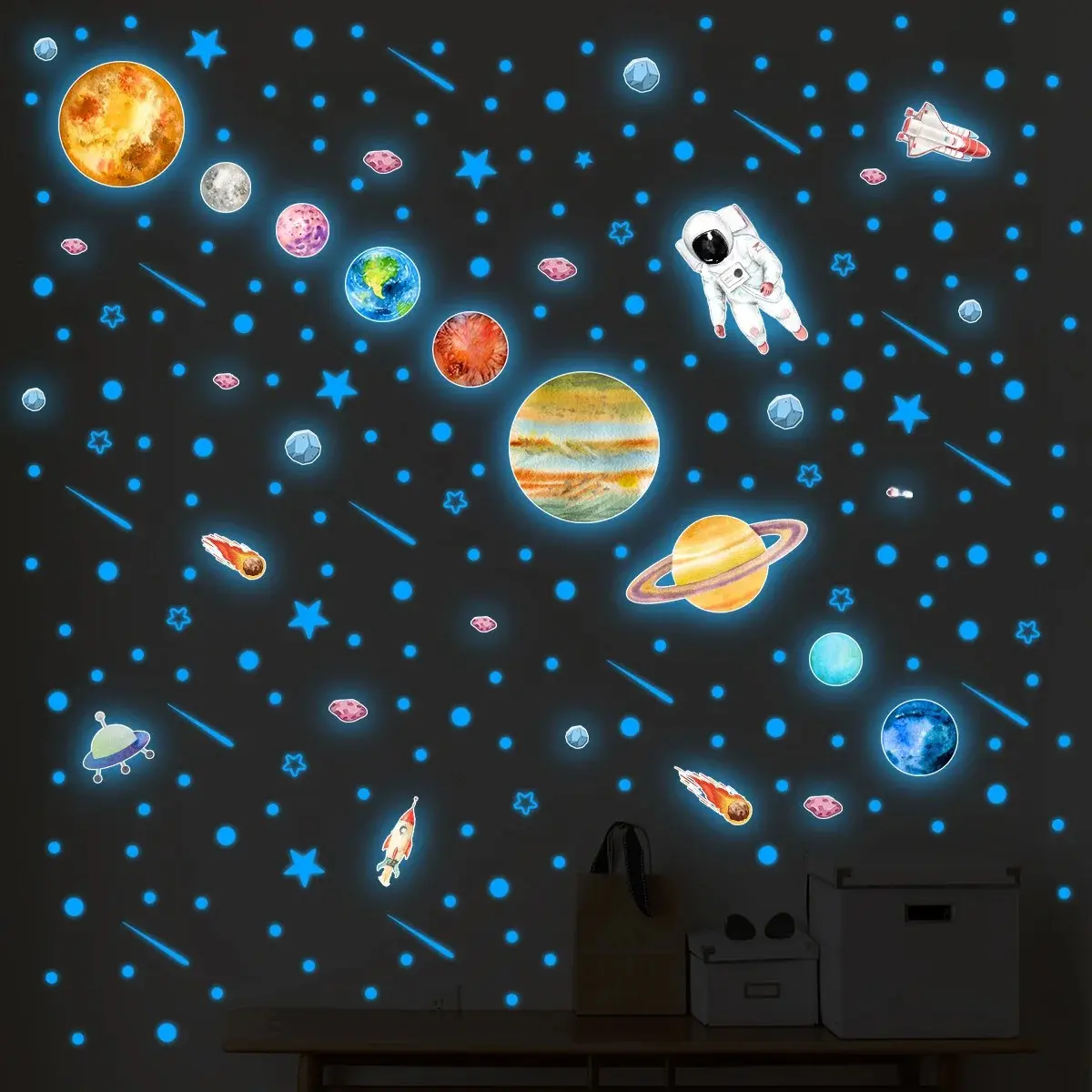 Glow-in-the-dark Astronaut Star Stickers Amazon Cross-border Trade Night Light Large Planet Wall Sticker Wholesale