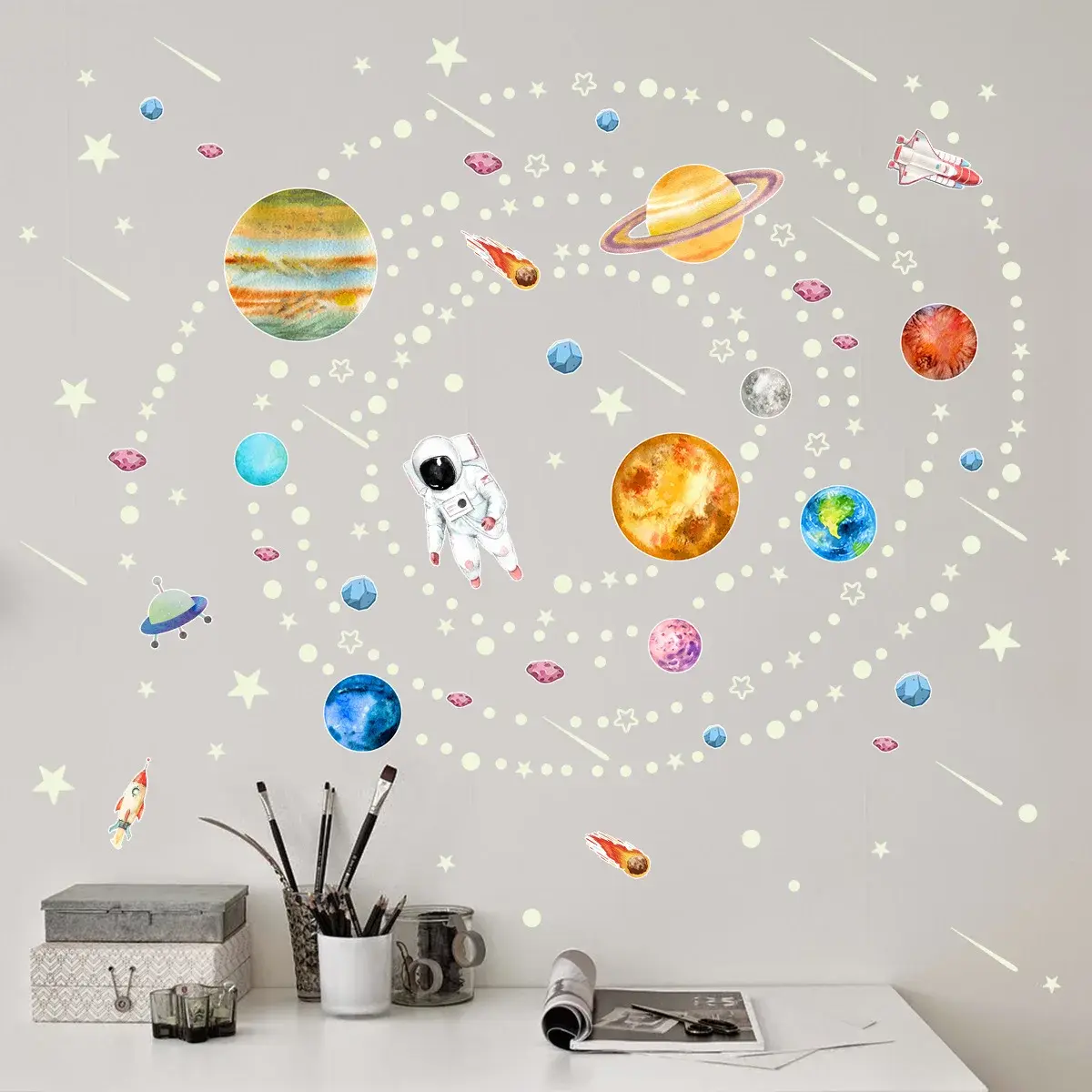 Glow-in-the-dark Astronaut Star Stickers Amazon Cross-border Trade Night Light Large Planet Wall Sticker Wholesale