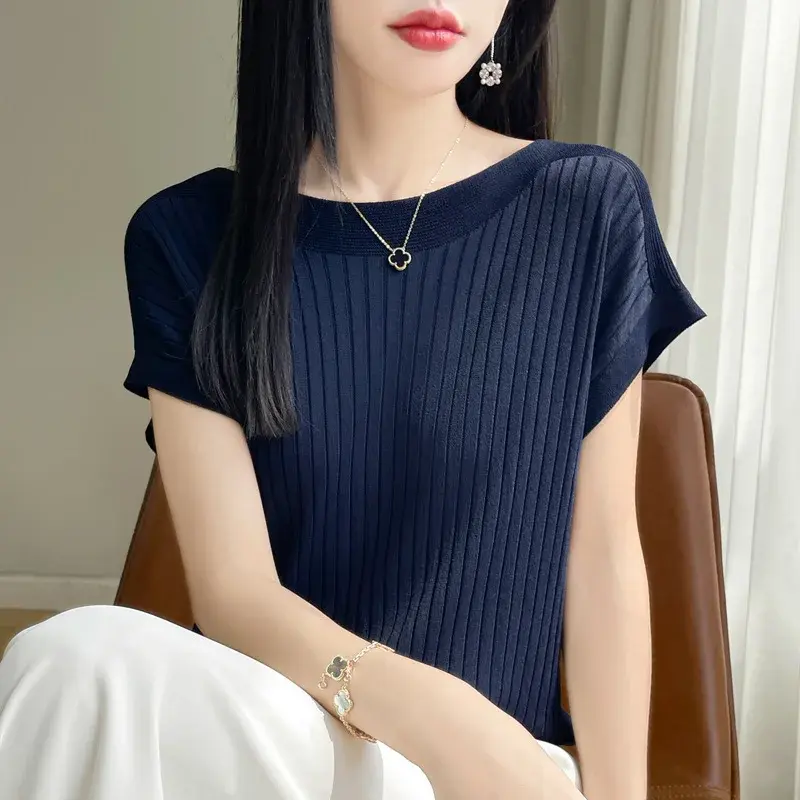 Summer New Style Ice Silk Knitted Short Sleeve Women Casual Loose Slim Fit Half Sleeve Base Thin Top T Shirt Polyester Fiber