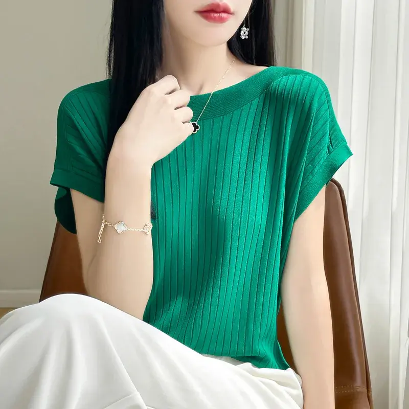 Summer New Style Ice Silk Knitted Short Sleeve Women Casual Loose Slim Fit Half Sleeve Base Thin Top T Shirt Polyester Fiber