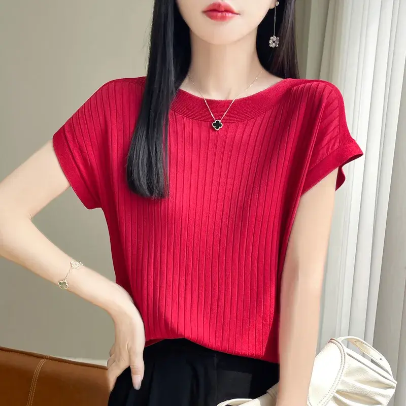 Summer New Style Ice Silk Knitted Short Sleeve Women Casual Loose Slim Fit Half Sleeve Base Thin Top T Shirt Polyester Fiber