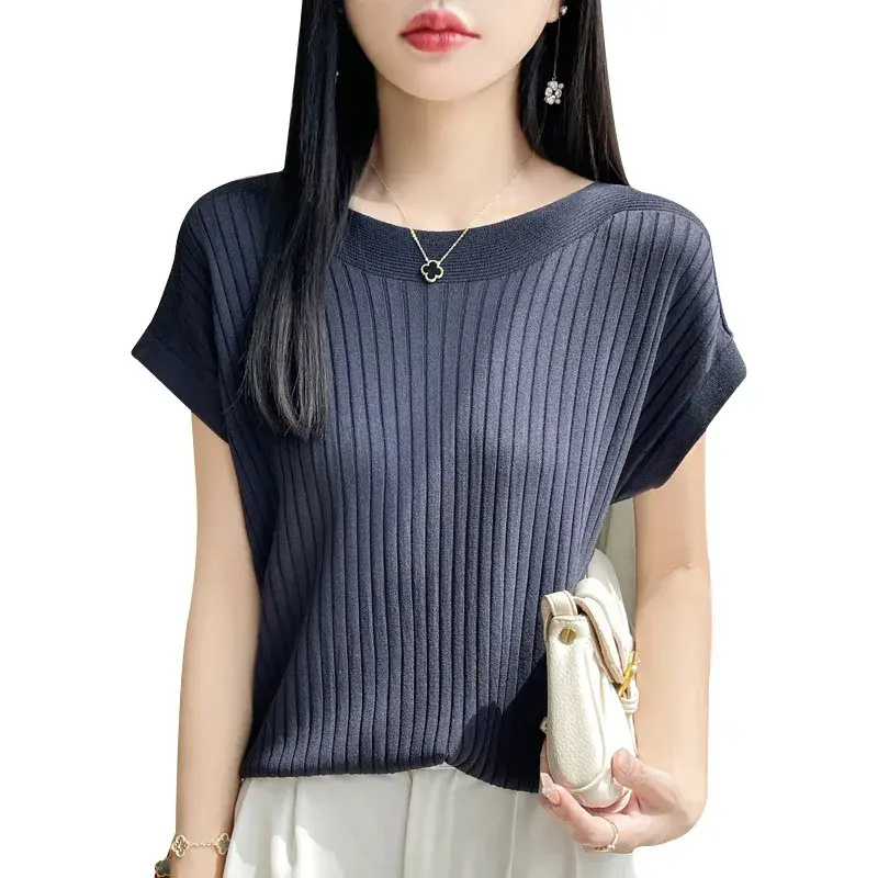 Summer New Style Ice Silk Knitted Short Sleeve Women Casual Loose Slim Fit Half Sleeve Base Thin Top T Shirt Polyester Fiber