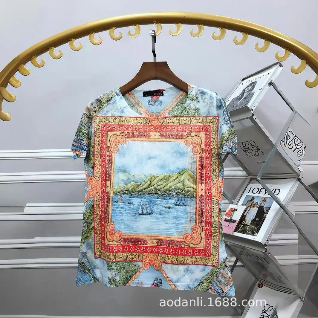 Fashionable Silk Cotton Women's Short Sleeve T-Shirt Elegant Round Neck Colorful Printed Top Summer Cross-Border Trade