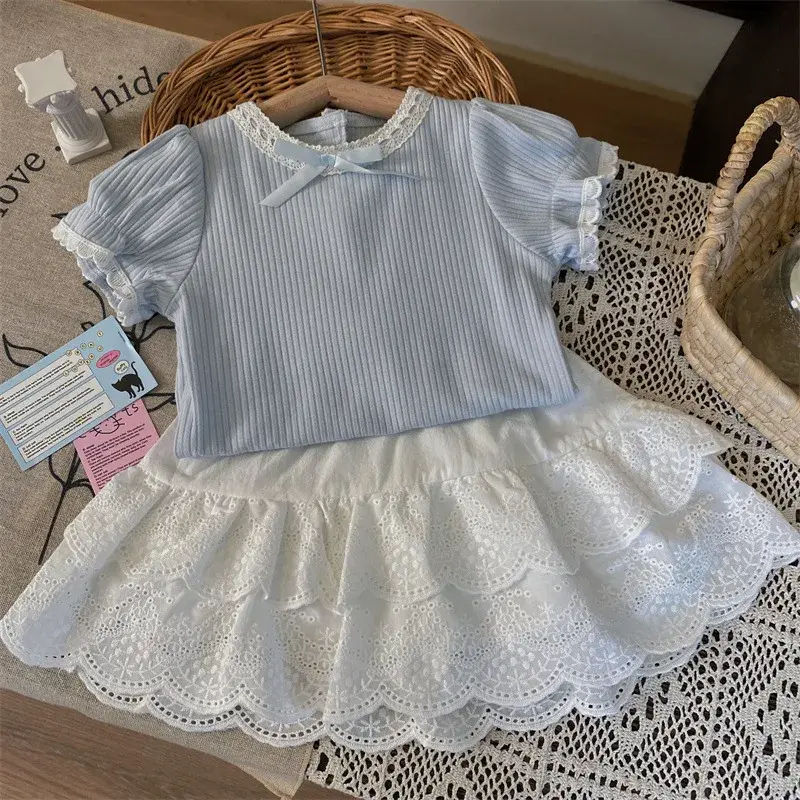 Korean Style Children's Clothing Summer New Arrival Girls' Bubble Sleeve Short Sleeve T-shirt Lace Skirt Two-Piece Set