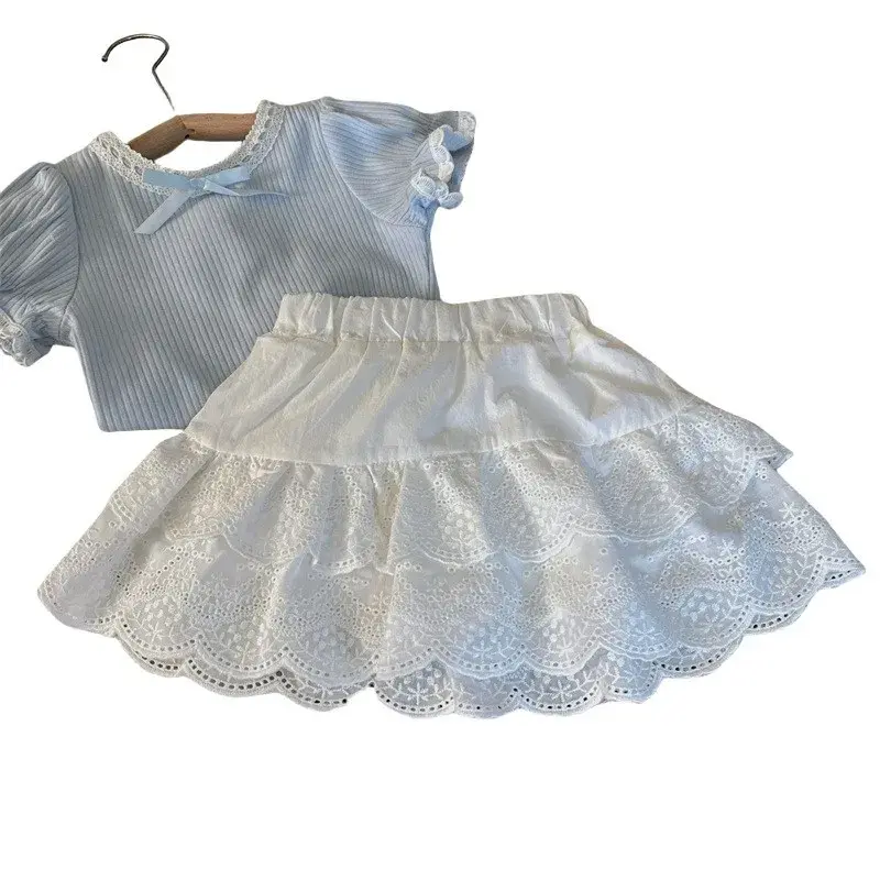 Korean Style Children's Clothing Summer New Arrival Girls' Bubble Sleeve Short Sleeve T-shirt Lace Skirt Two-Piece Set