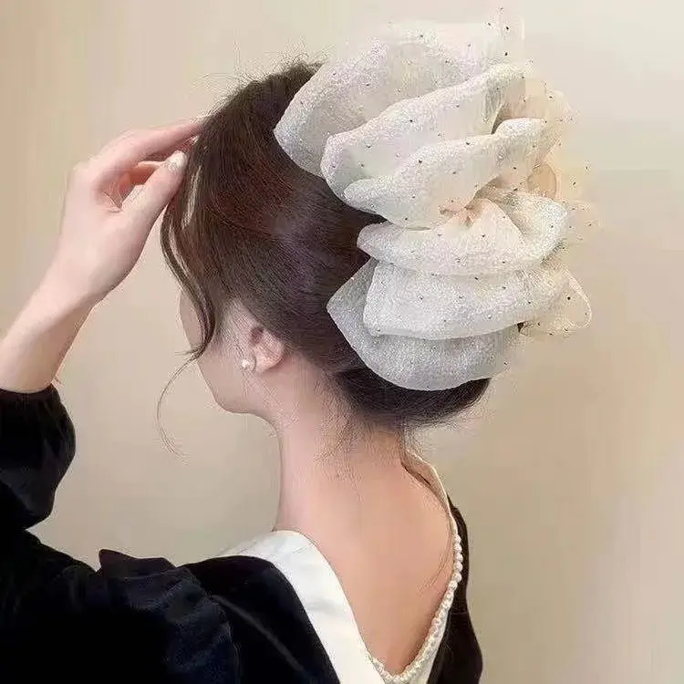 Large Size Hair Claw Elegant Fashionable Sweet Women's Hair Clip Spring Autumn New Style Net Gown Pleated Updo Hair Accessory