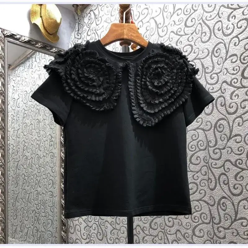 European Style 2022 Foldable Wood Ear Plate Short Sleeve T-Shirt Casual Cotton Crew Neck Middle Age Leisure Shirt From China