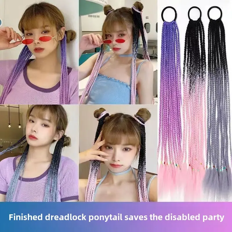 Colorful Braided Fake Hair Extensions 12 Pieces Gradual Color Dirty Dreads Ponytails for Hip Hop Performance Direct Wear