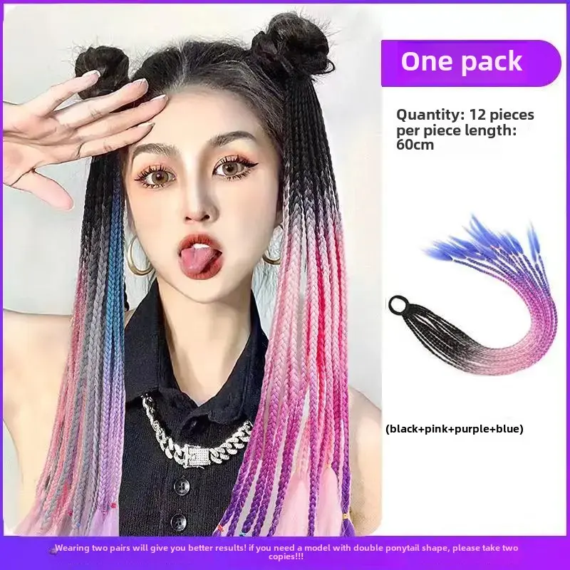 Colorful Braided Fake Hair Extensions 12 Pieces Gradual Color Dirty Dreads Ponytails for Hip Hop Performance Direct Wear