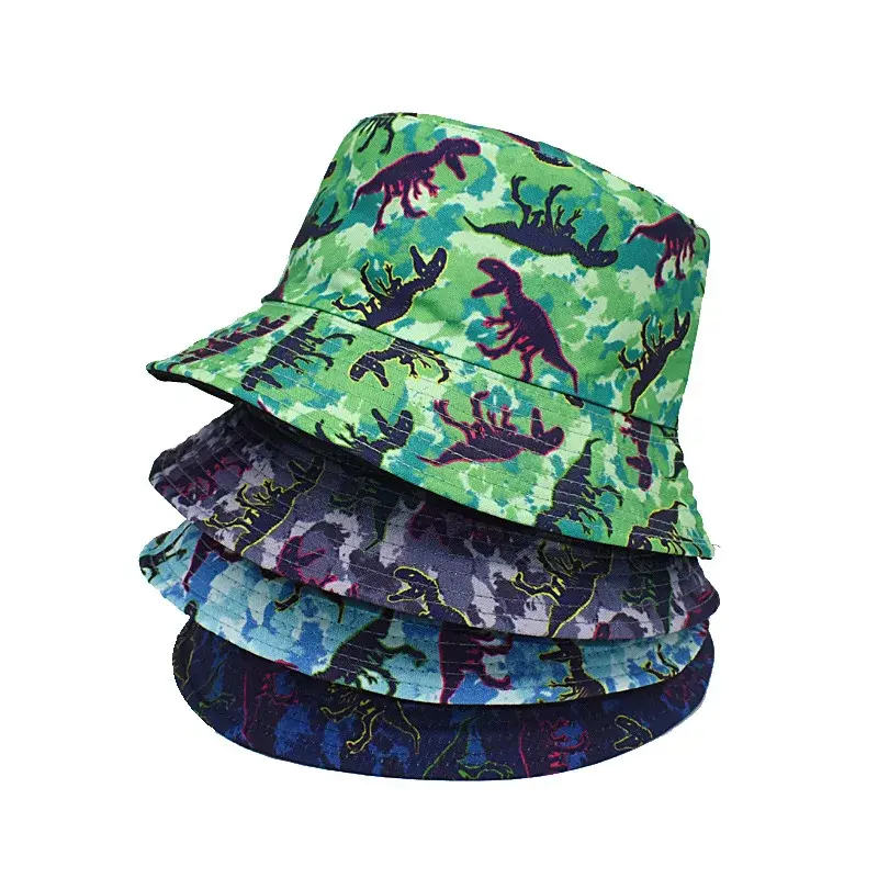 Double-Sided Travel Fisherman Hat Sun Protection Women's Men's Dinosaur Print Bucket Cap Spring Summer Outdoor Hat