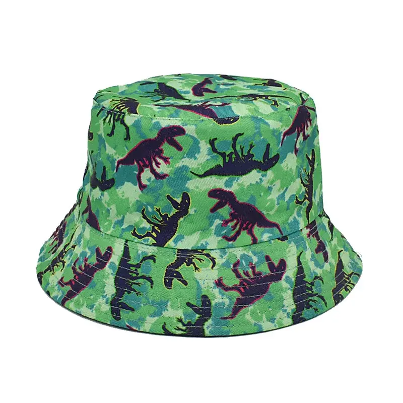 Double-Sided Travel Fisherman Hat Sun Protection Women's Men's Dinosaur Print Bucket Cap Spring Summer Outdoor Hat